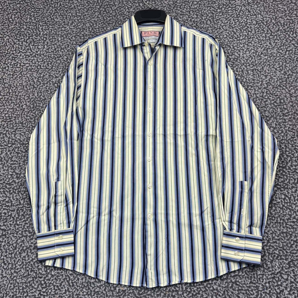 Thomas Pink Button Up Shirt Men 16.5 Blue Yellow Striped Slim Fit Cotton